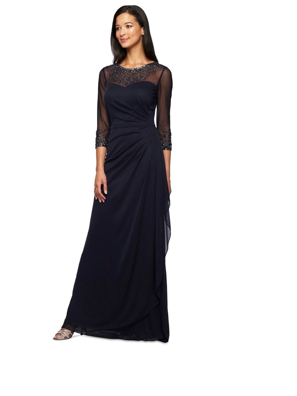 Alex Evenings Navy Illusion Yoke Beaded Maxi Dress